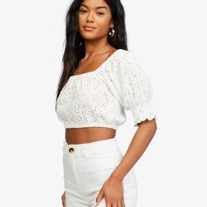 Billabong White Eyelet Crop Top Smocked Off-Shoulder Size Large
